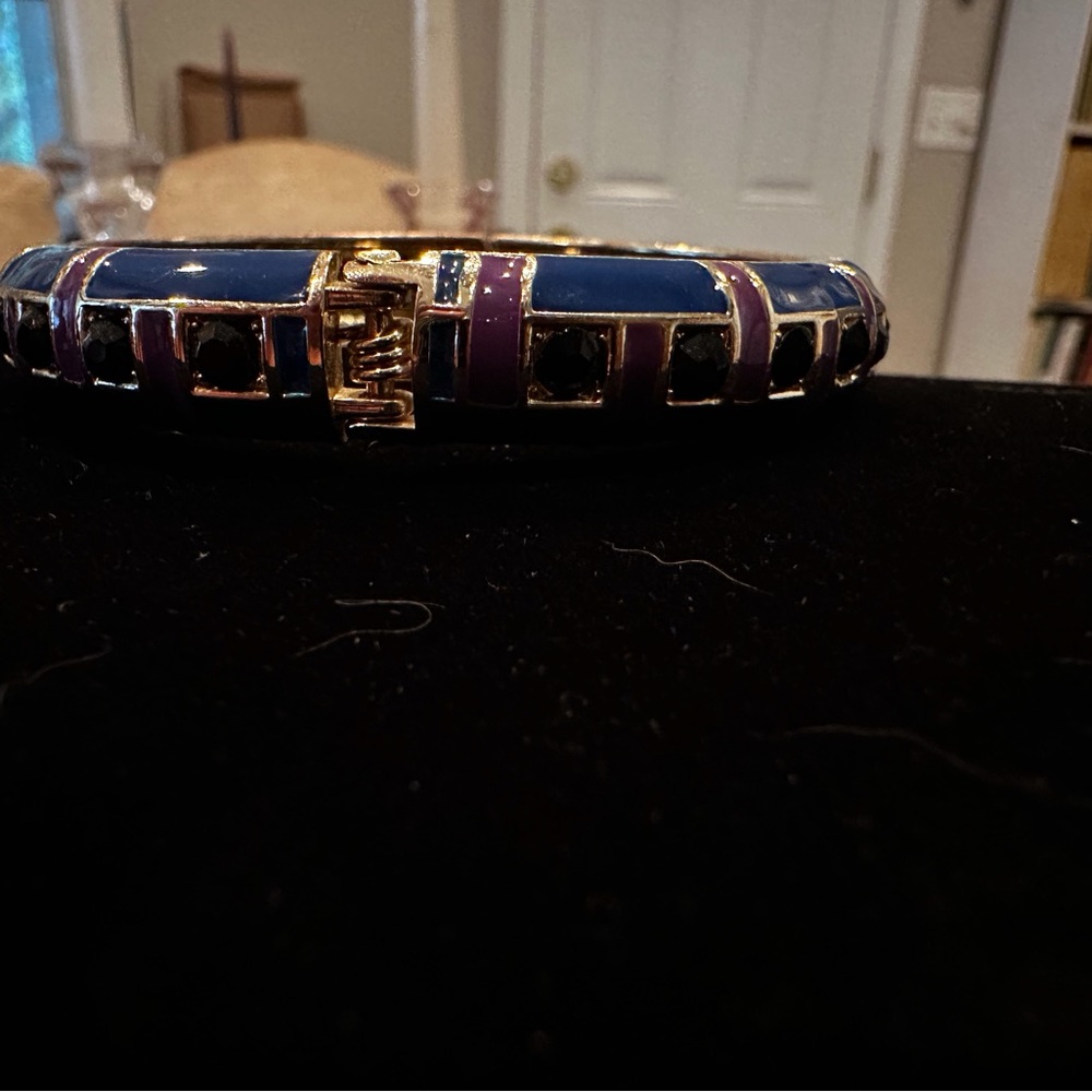 Purple,blue enameled gold hinged bangle with black stones